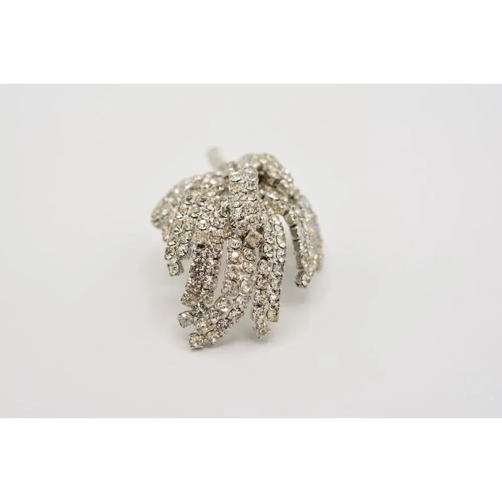 Vintage Crystal 3D Leaf Pin Brooch Baguette Prong Rhinestone Silver 1960s BinAL